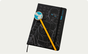 Notebook with a pencil featuring Teide Legend characters